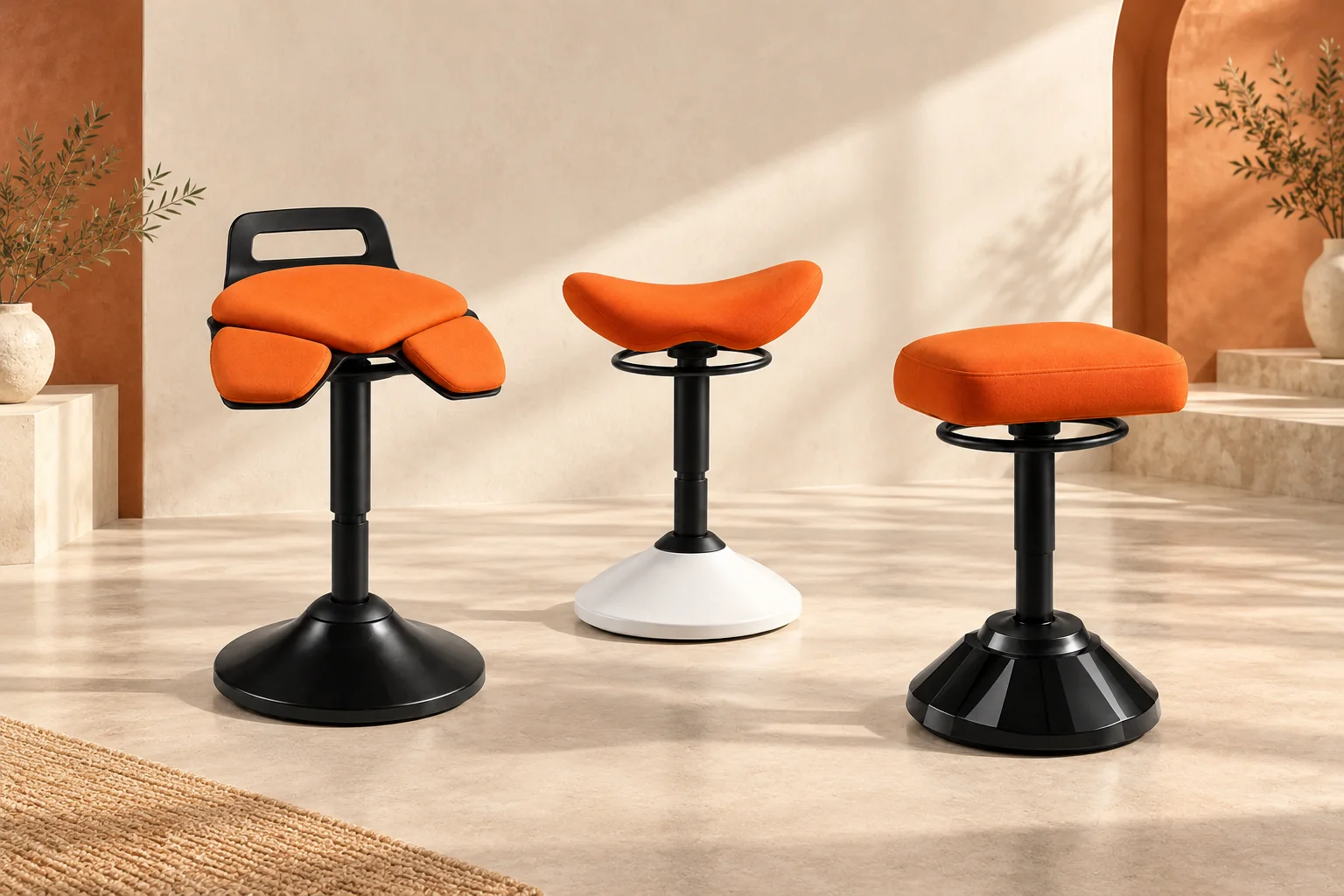 Three orange Shakevio wobble stool concepts together in a warm studio