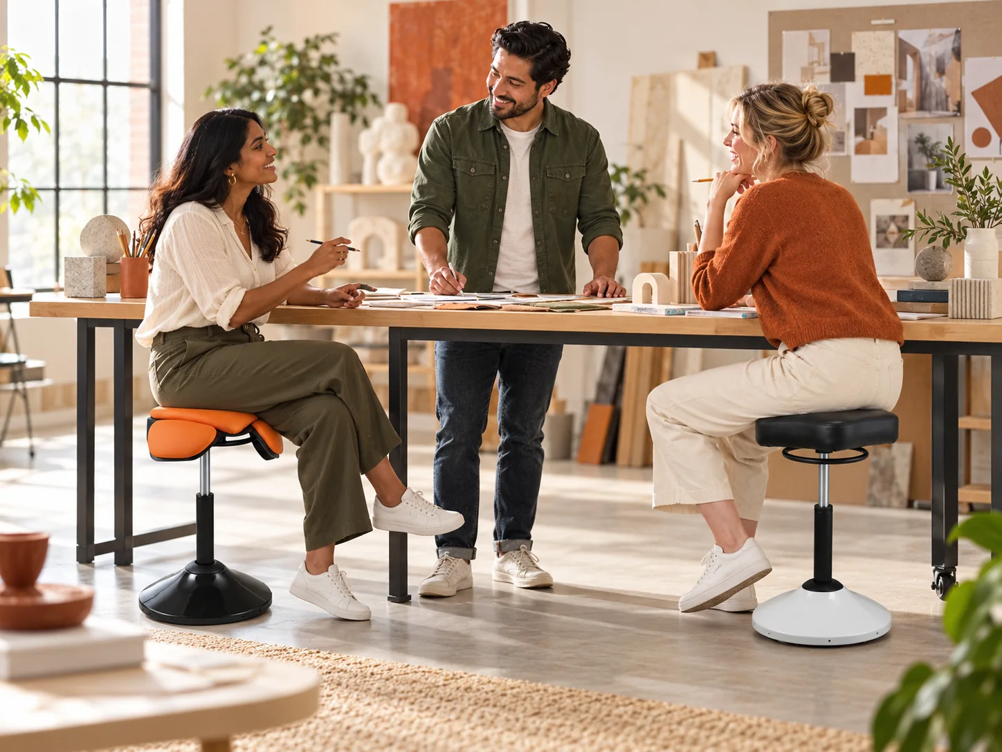 A diverse creative team collaborates, with two people seated on wobble stools