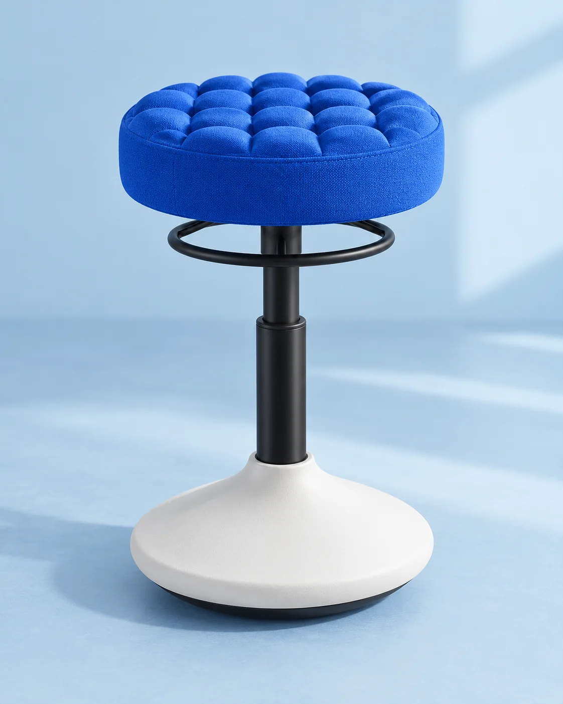 Blue round bubble-seat wobble stool with a white rocking base