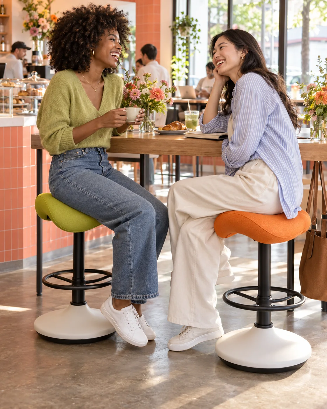 Two friends on green and orange wobble stools talking in a cafe