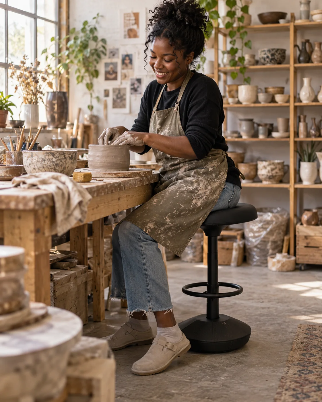 Ceramic artist seated on a black wobble stool while working with clay