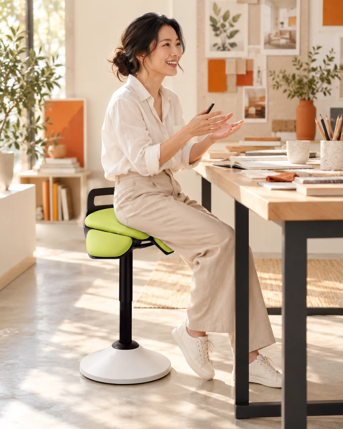 Woman seated on a green three-part wobble stool at a studio table