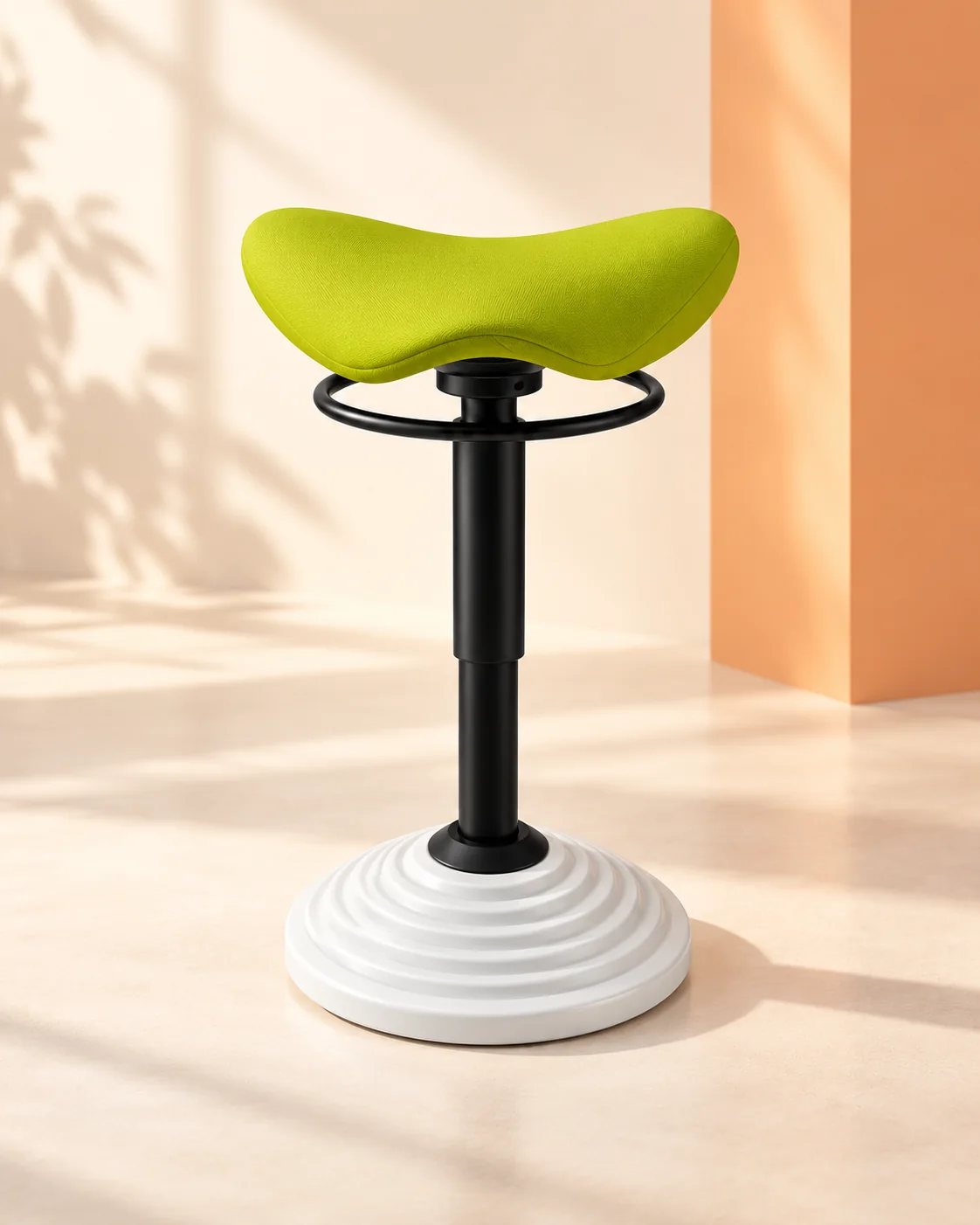 Lime-green saddle wobble stool with a white ribbed base