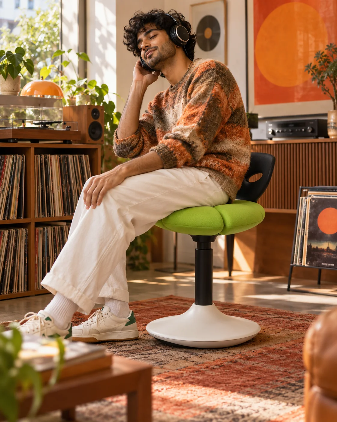 Man listening to music while sitting on a green petal wobble stool
