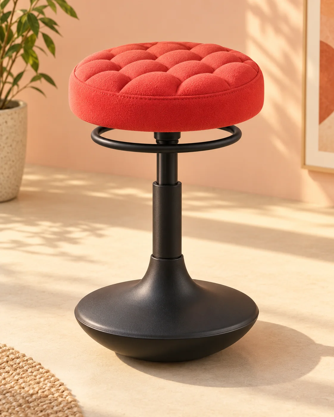 Coral-red round bubble-seat wobble stool with a black rocking base