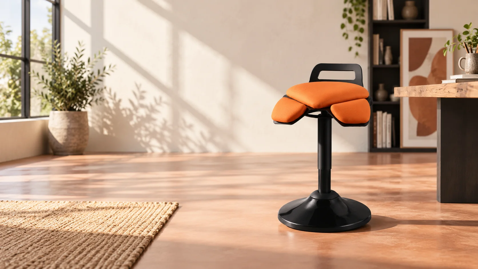An orange Petal wobble stool in a sunlit contemporary interior