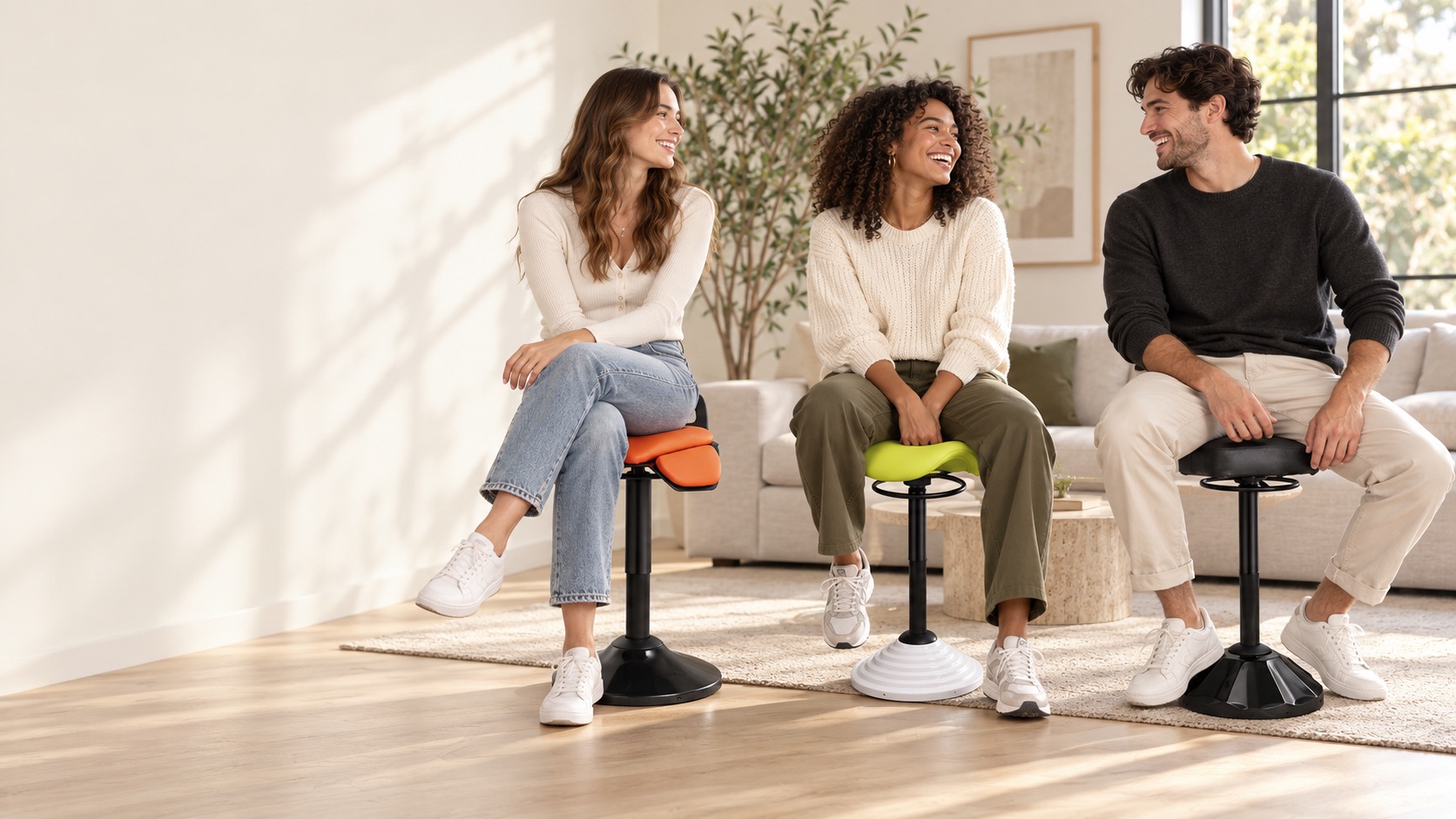 Three smiling friends sit on orange petal, lime saddle and black cushioned wobble stools