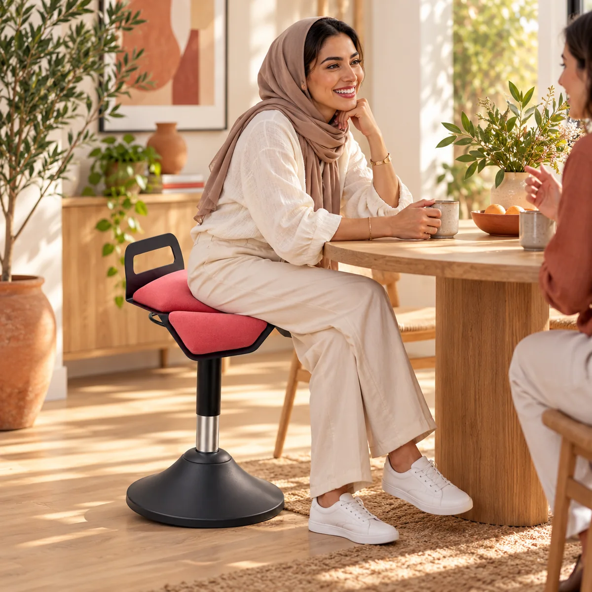 Woman chatting at home while seated on the coral C01 stool
