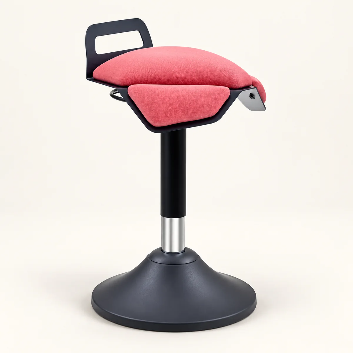 Coral C01 stool with a short black backrest, upholstered seat and charcoal rocking base