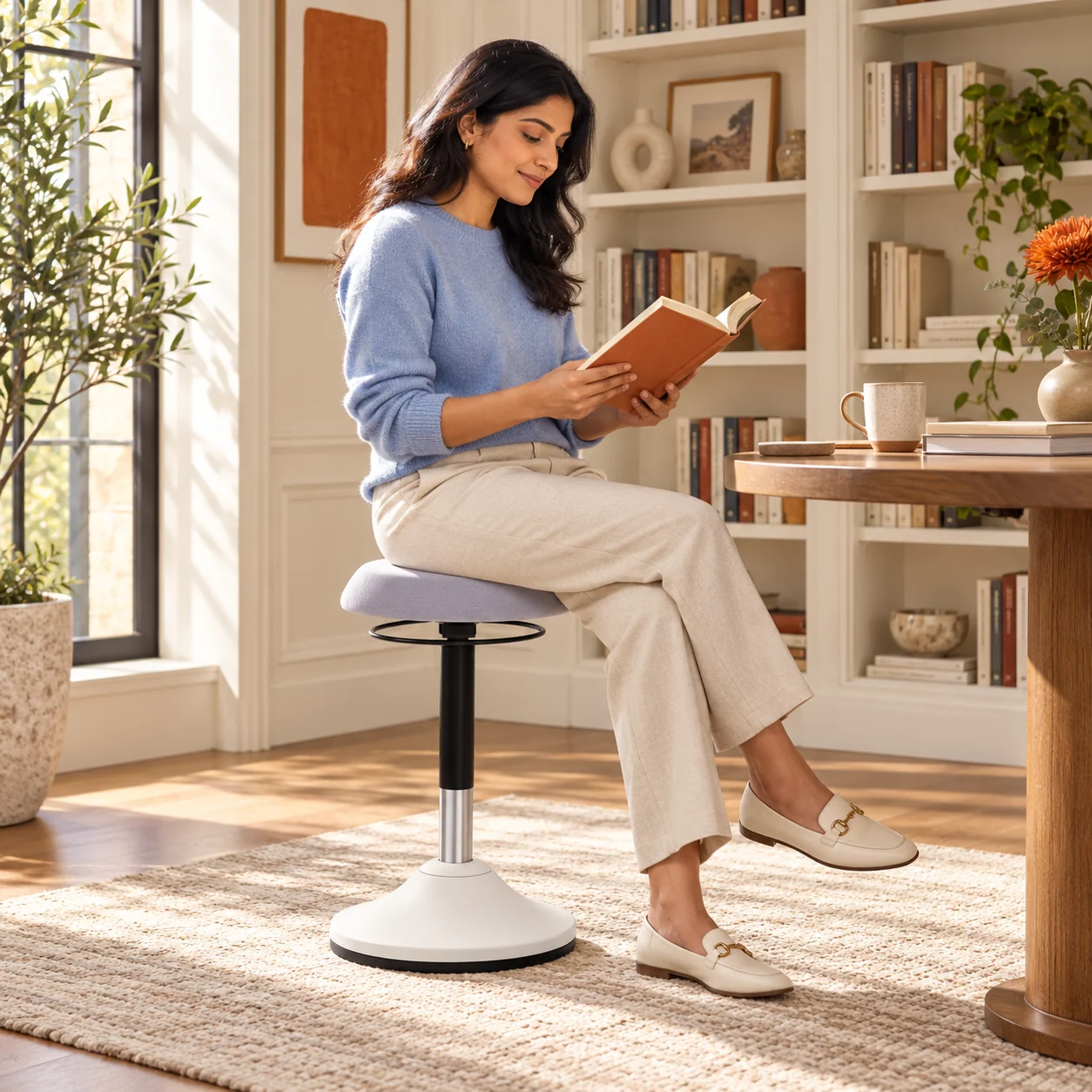 Woman reading while seated on the light grey Halo stool
