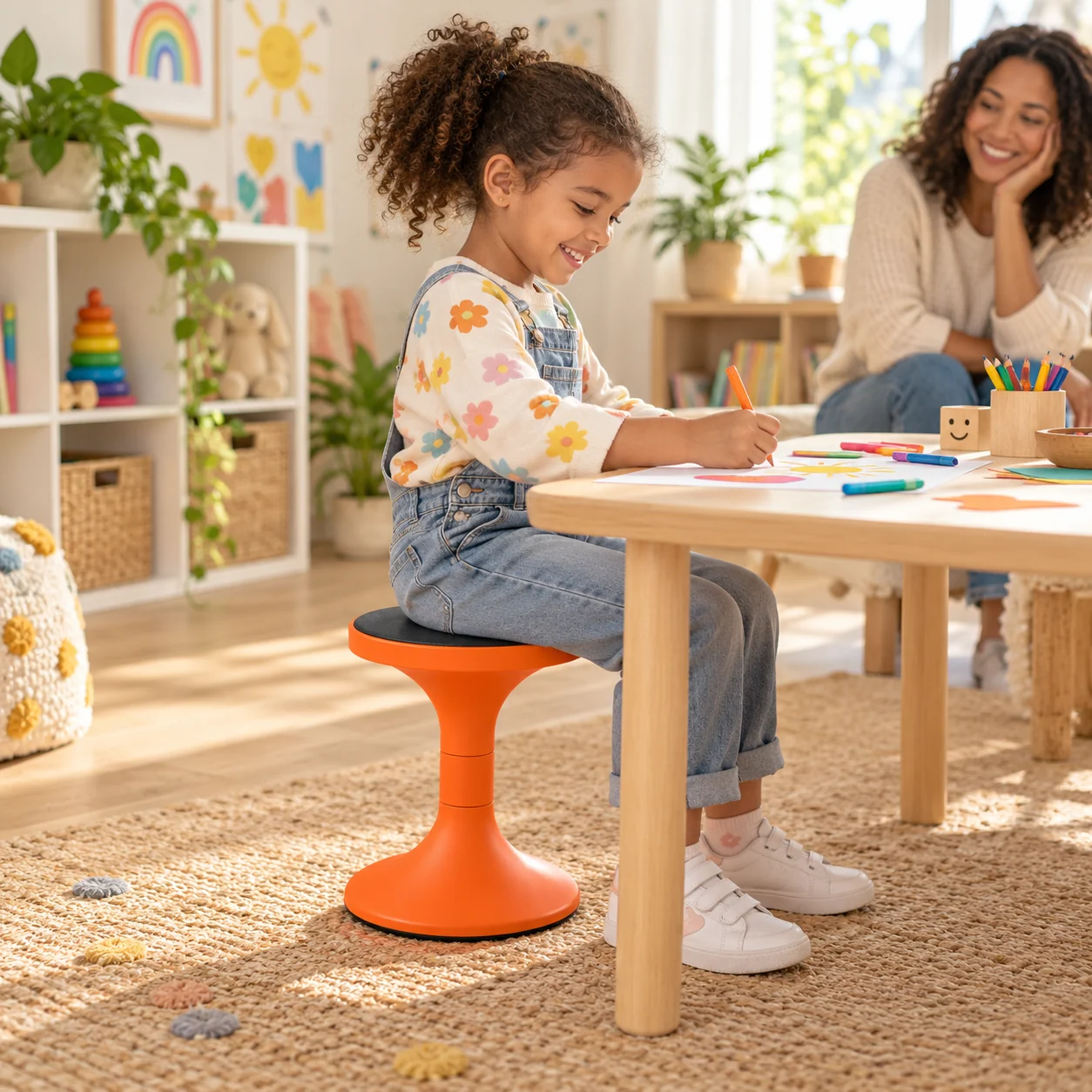 Child drawing at a play table while seated on the orange Mini stool