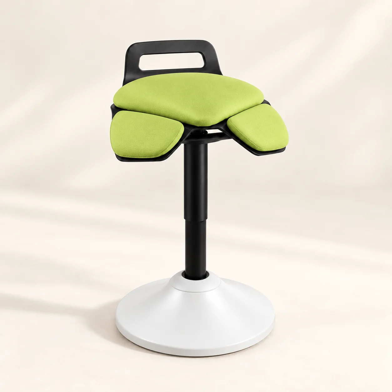 Lime green C01B stool with three upholstered pads and a white rocking base