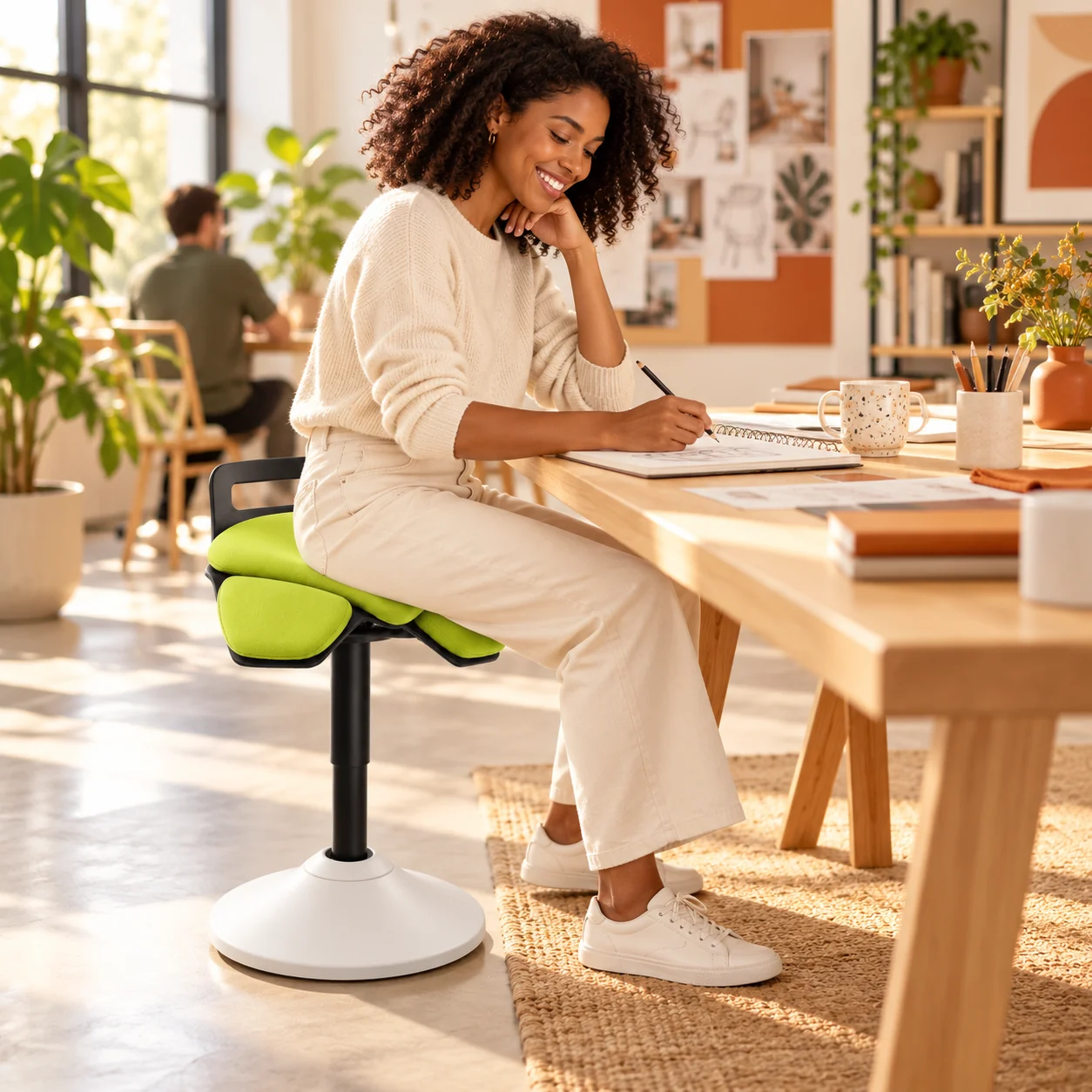 Woman sketching while seated on the lime green Petal stool