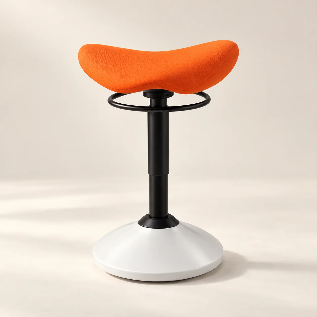 Orange C05B-2 saddle stool with curved seat and white rocking base