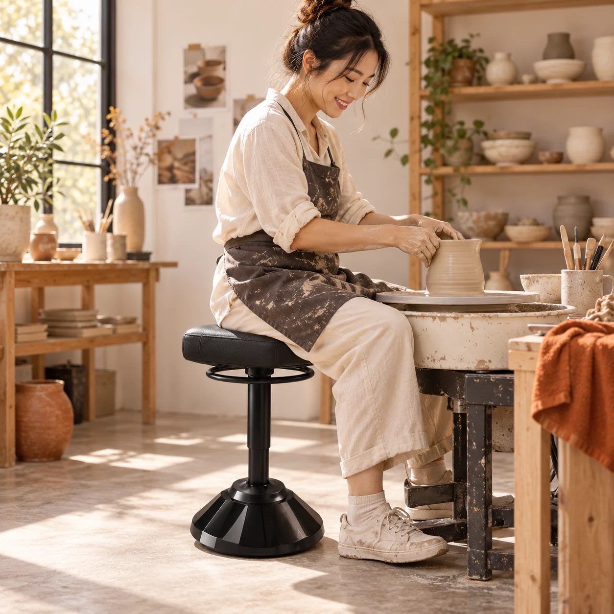 Ceramic artist sitting on the black Soft stool while working with clay