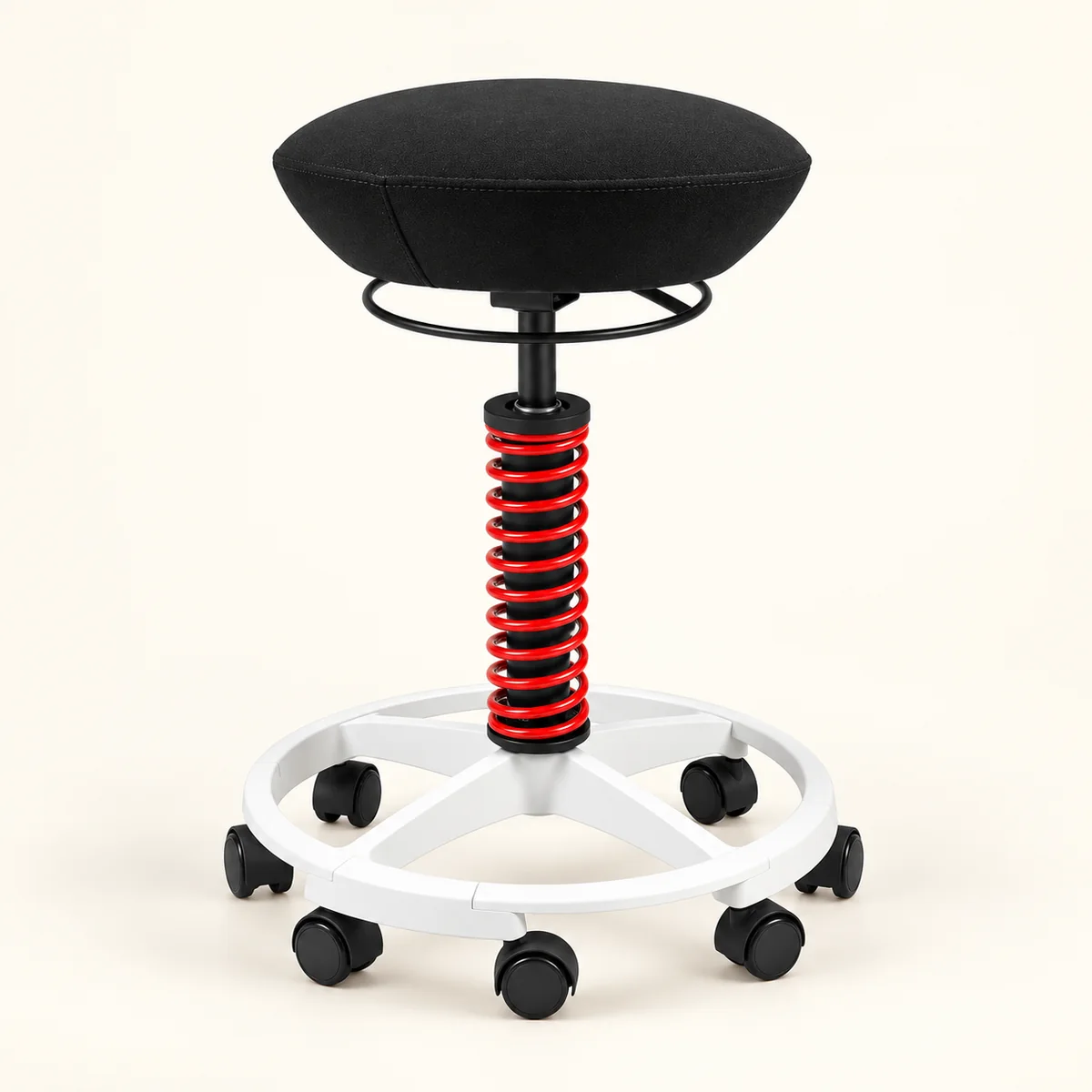 Black C11G-3 stool with a red exposed spring and white wheeled ring base